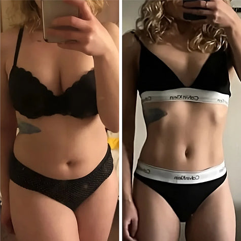 Mujer de perfil mostrando resultados antes y después en abdomen y cintura tras usar Vibro Sculpt